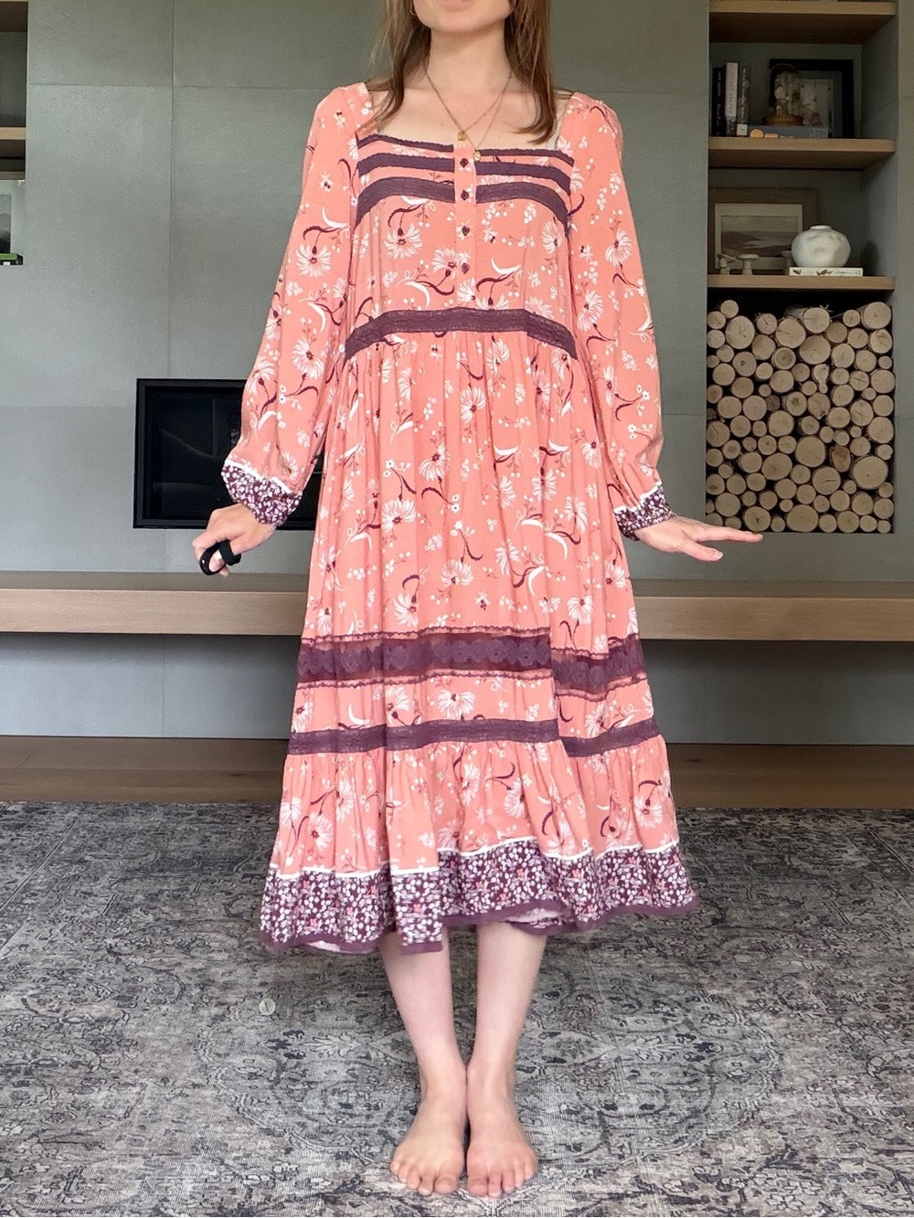 Jaase NWT boho pink Peach Midi Dress with Long Sleeves tiered skirt medium - Picture 3 of 14